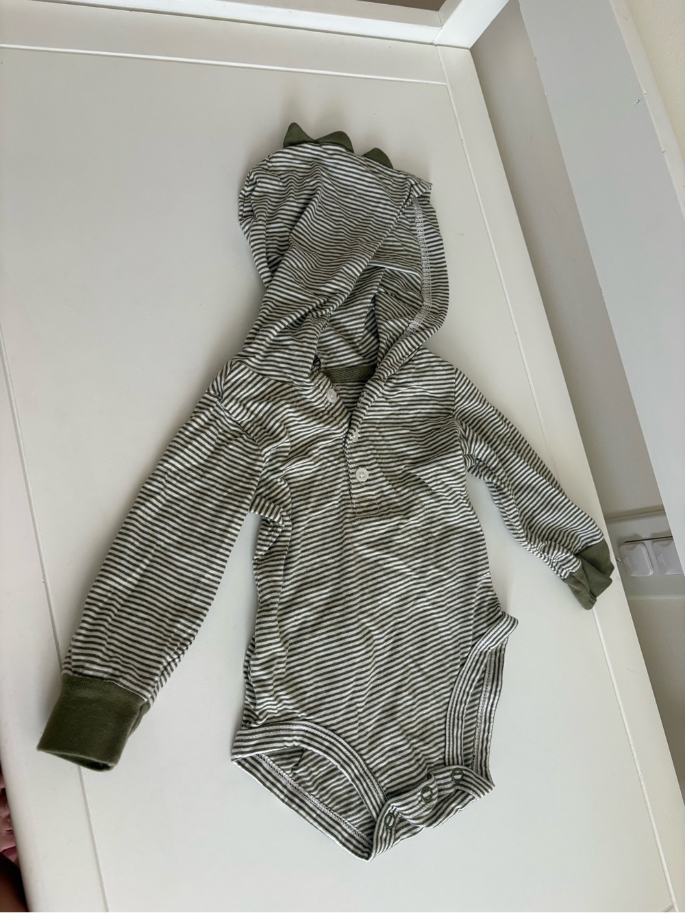 Carter's Olive and White Striped Hooded Bodysuit with Dino Spikes